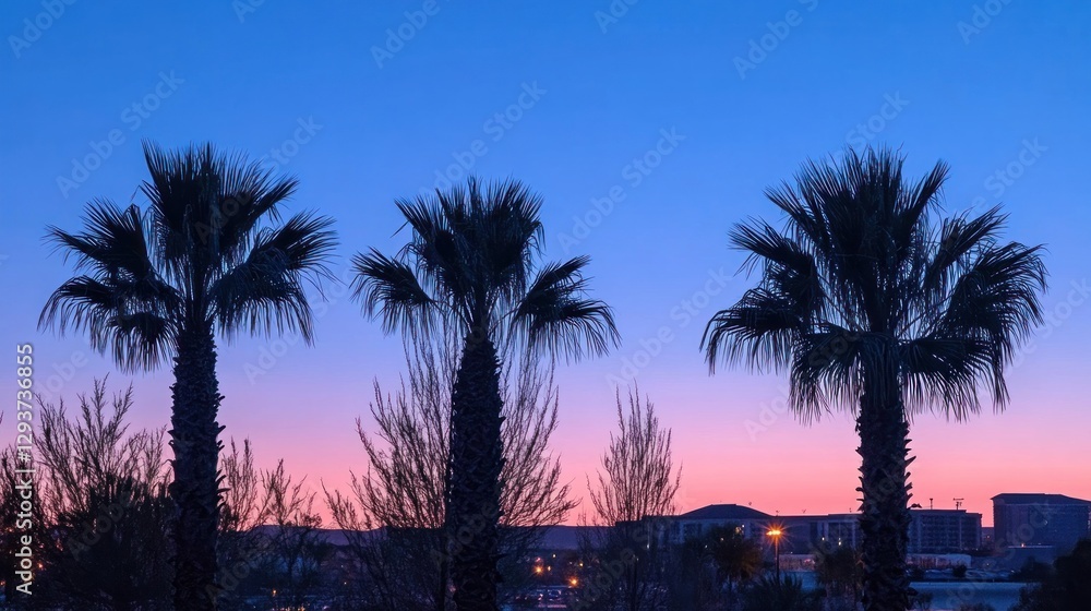 Obraz premium Sunset silhouettes of three palm trees against a cityscape
