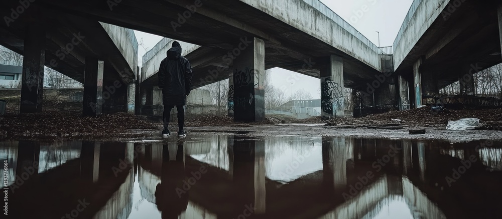 Obraz premium Person standing under urban overpass, reflection in puddle, gloomy sky. Use album art, film stills