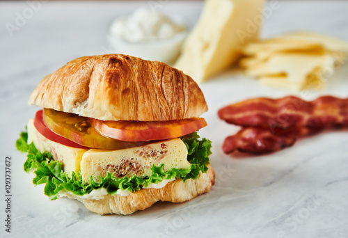 Breakfast sandwich with egg, bacon, tomato and lettuce on a croissant  photo