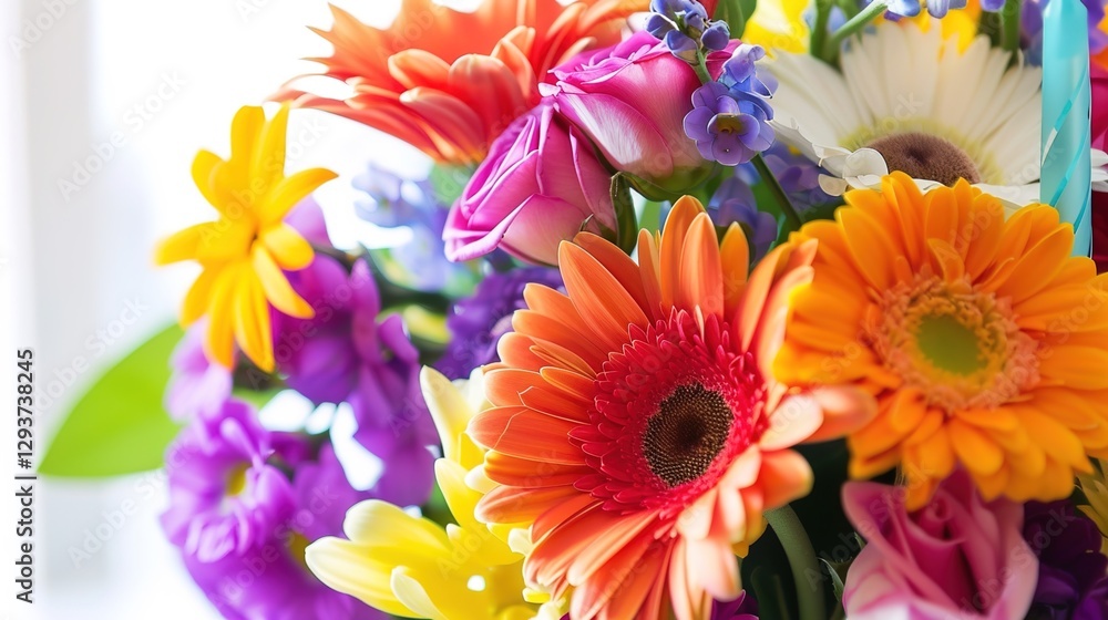 Fototapeta premium Vibrant Birthday Bouquet with Fresh Flowers, Joyful Floral Arrangement for Celebrations, Party Decorations, Festive Greeting Card Background