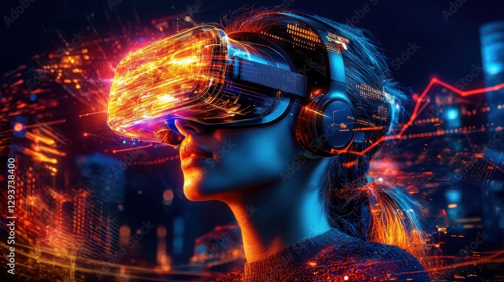Fototapeta premium Immersive virtual reality futuristic cyberspace digital technology with VR headset Abstract of a high tech innovative and interactive digital experience