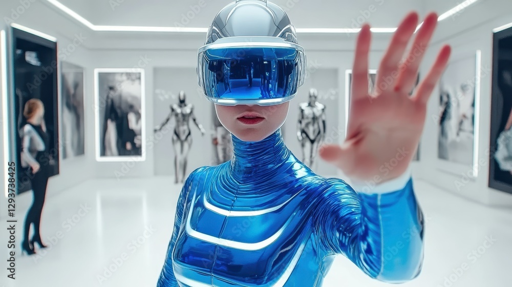 Futuristic exhibition featuring humanoid robot in sleek blue outfit engaging with observers in a minimalistic gallery setting Futuristic exhibition featuring humanoid robot in sleek blue outfit engaging with observers in a minimalistic gallery setting