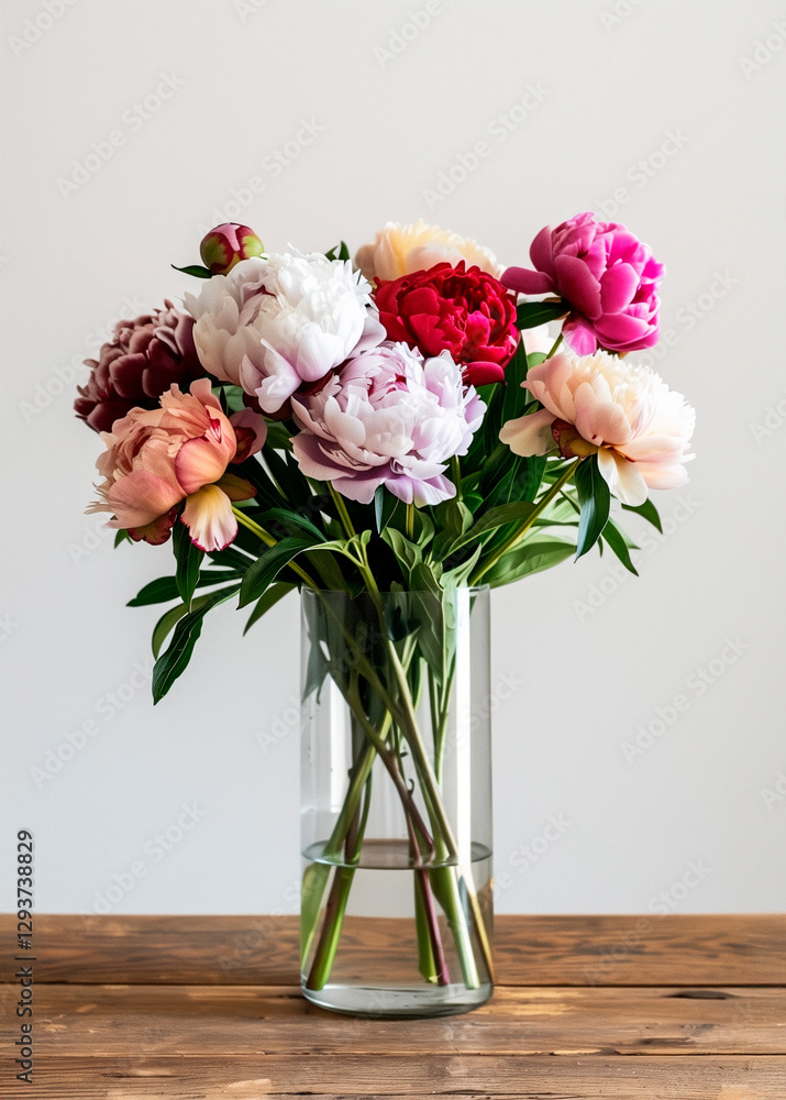AI-generated photo with colored Peonies in a simple glass vase. Minimalistic bouquet of Peony flowers isolated on a white background AI-generated photo with colored Peonies in a simple glass vase. Minimalistic bouquet of Peony flowers isolated on a white background