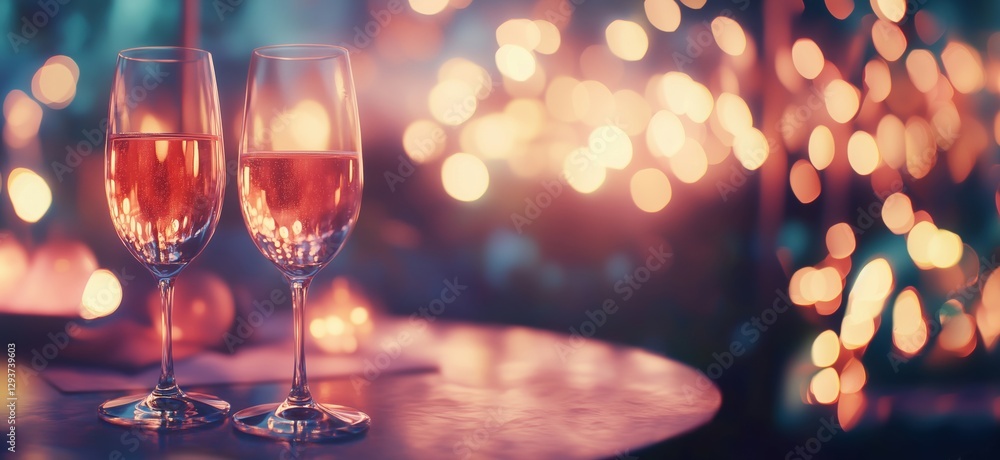 Champagne glasses on table with festive bokeh lights in background for celebration, copy space for text Champagne glasses on table with festive bokeh lights in background for celebration, copy space for text