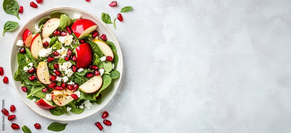 Fresh spinach salad with apples, pomegranate seeds, and feta cheese, copy space for text Fresh spinach salad with apples, pomegranate seeds, and feta cheese, copy space for text