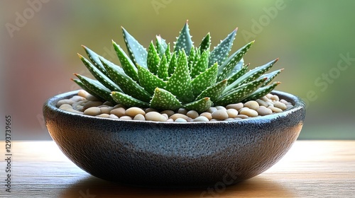 Succulent in bowl, home decor, natural light, blurred garden background photo