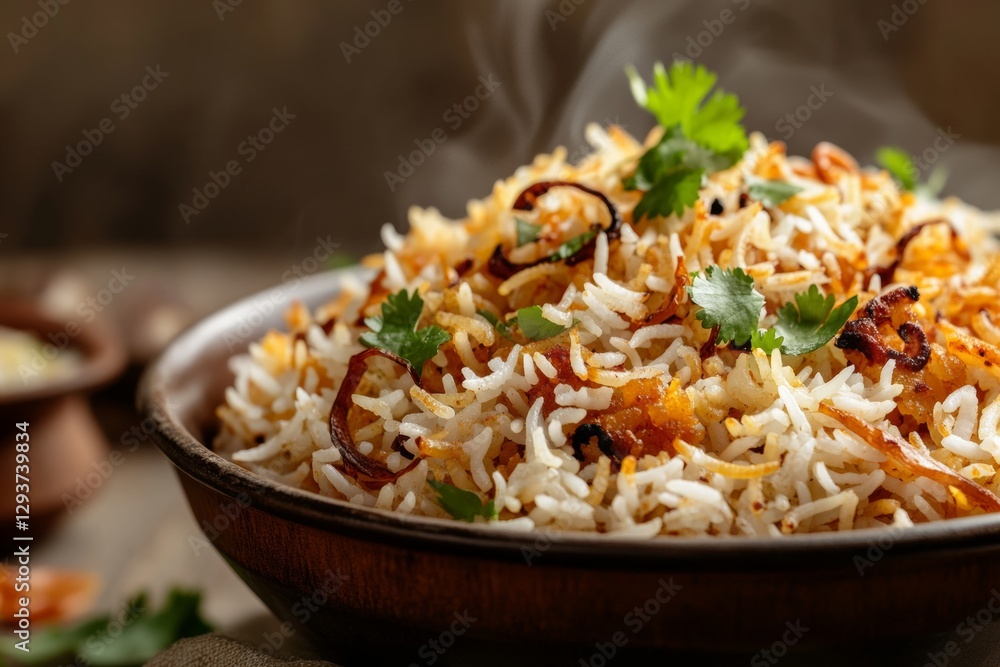 Steaming Basmati Rice Garnished With Fried Onions And Cilantro Steaming Basmati Rice Garnished With Fried Onions And Cilantro