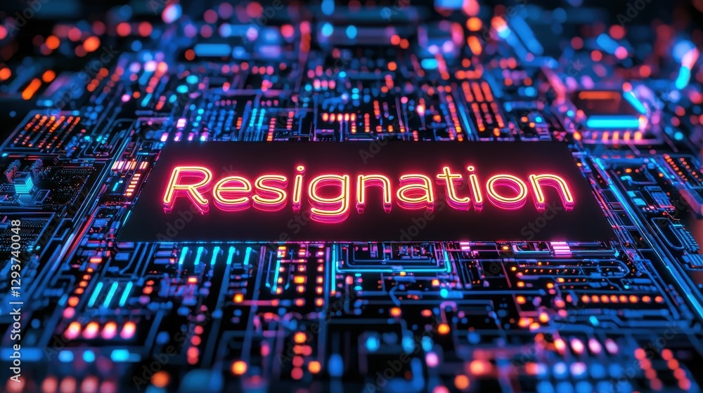 Bright Neon Resignation Text on Colorful Circuit Board Background Bright Neon Resignation Text on Colorful Circuit Board Background