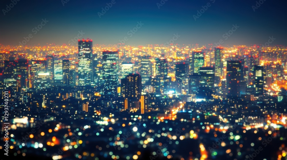 Fototapeta premium Nighttime aerial view showcases a vibrant city illuminated by countless lights, highlighting its dynamic urban landscape and architectural beauty.