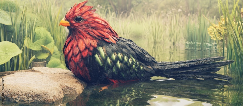 Fototapeta premium Red bird by pond, lush greenery background, nature scene, website banner