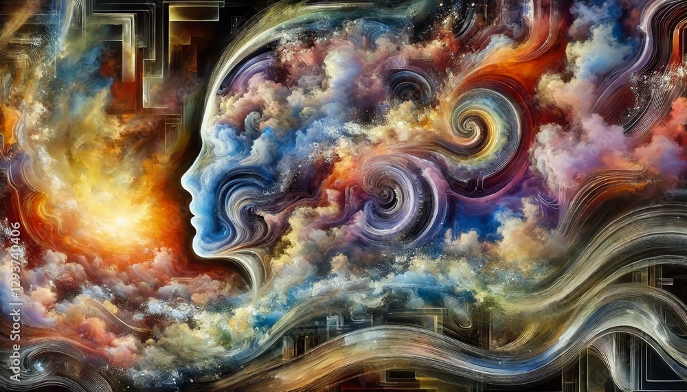 Obraz premium A vast, surreal abstract composition embodying deep emotions and abstract ideas. The image features a fusion of bold, vibrant colors, flowing organic