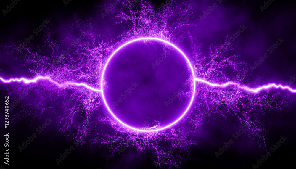 Powerful electrical current energy. Flash of lightning in a magic purple mockup round. Neon purple discharge in smoke background effect. Powerful electrical current energy. Flash of lightning in a magic purple mockup round. Neon purple discharge in smoke background effect.