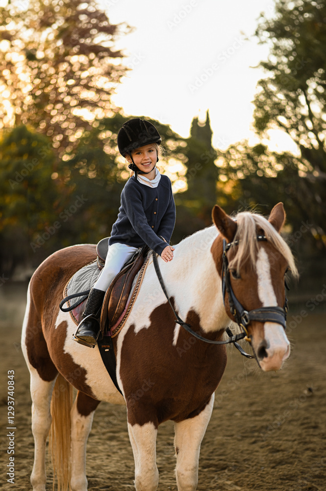 A young girl rider in a helmet and equestrian boots sits on her beloved horse at the stable, enjoying a peaceful horseback ride. A young girl rider in a helmet and equestrian boots sits on her beloved horse at the stable, enjoying a peaceful horseback ride.