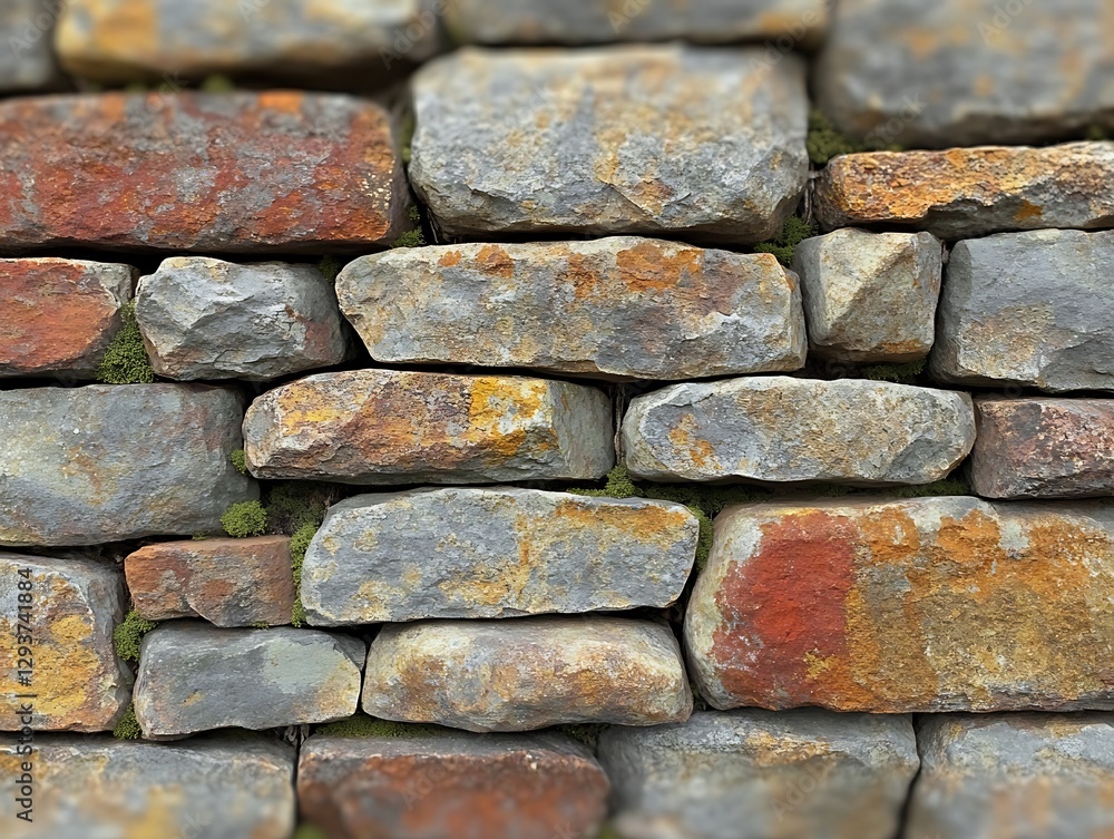 A close up shot of a natural stone wall with stones