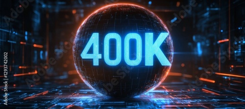 Glowing Digital 3D Number 400K in Futuristic Style Against Abstract Technological Background photo