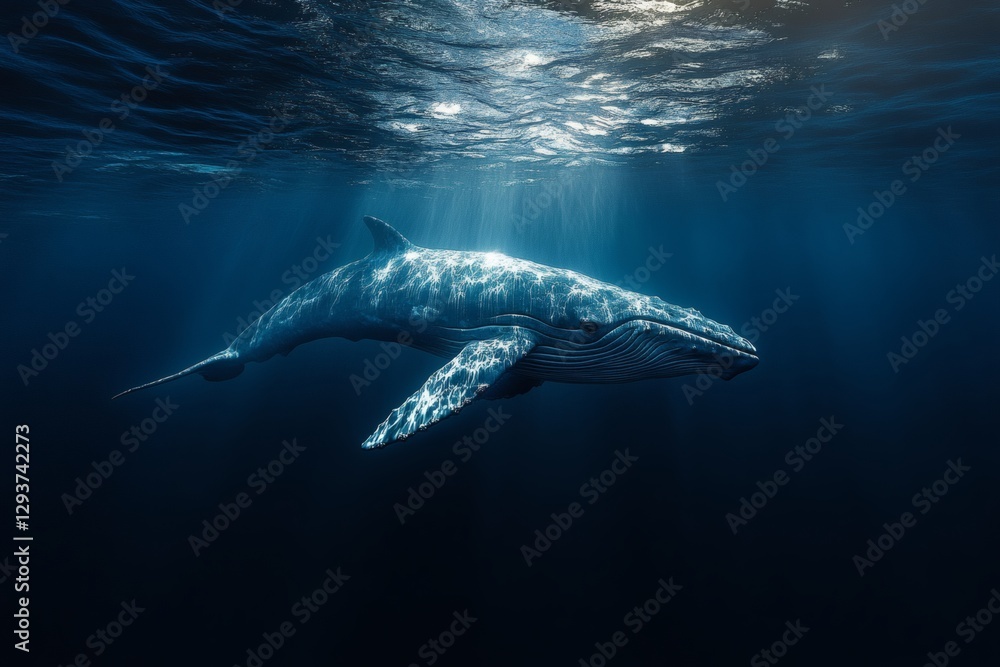 Naklejka premium Majestic humpback whale gliding through deep waters. Generative AI