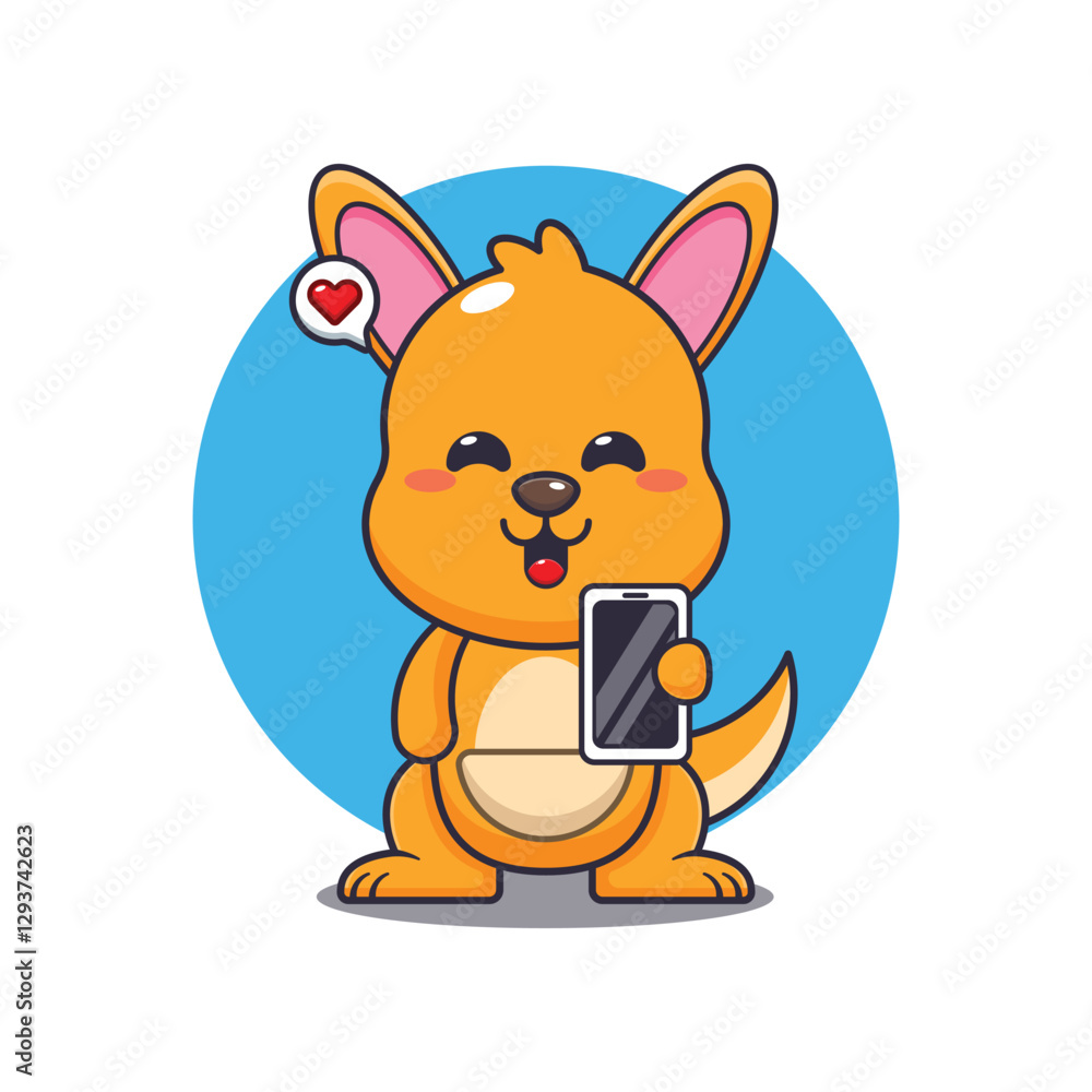 Fototapeta premium Kangaroo cartoon vector illustration with mobile phone