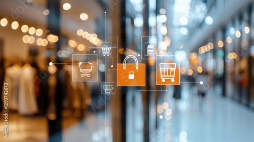 Wallpaper Mural A digital lock symbol overlays a shopping mall scene, symbolizing security in online shopping and e-commerce environments. Torontodigital.ca