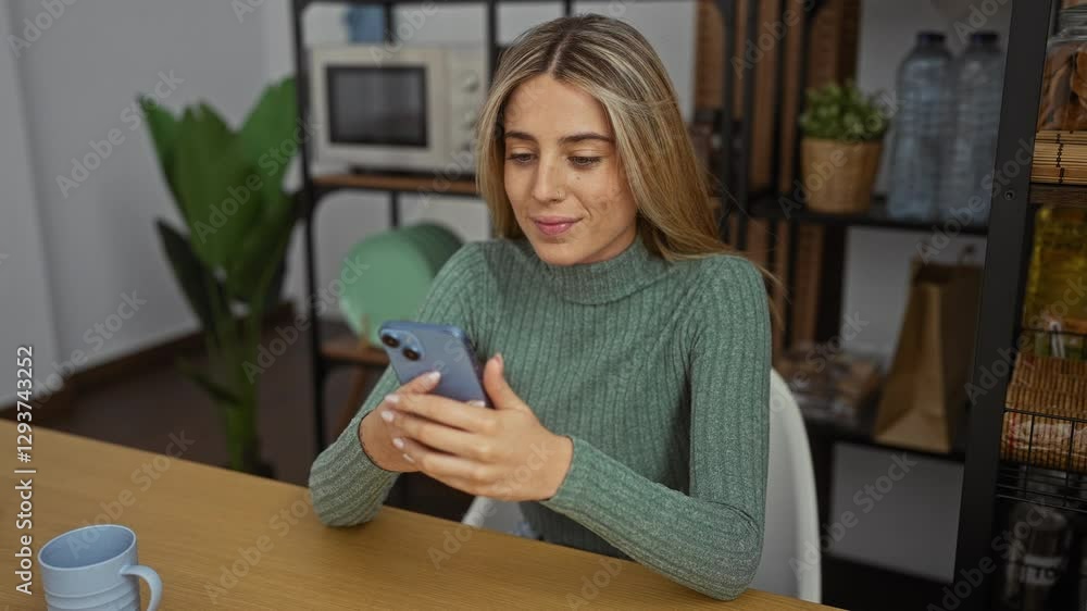 Woman using smartphone at office desk, surrounded by indoor decor, wearing green sweater, showcasing relaxed workspace ambiance in cozy interior. Woman using smartphone at office desk, surrounded by indoor decor, wearing green sweater, showcasing relaxed workspace ambiance in cozy interior.