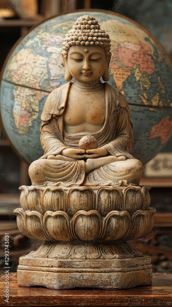 Fototapeta premium Serene Buddha Statue on Lotus Base with World Globe Background