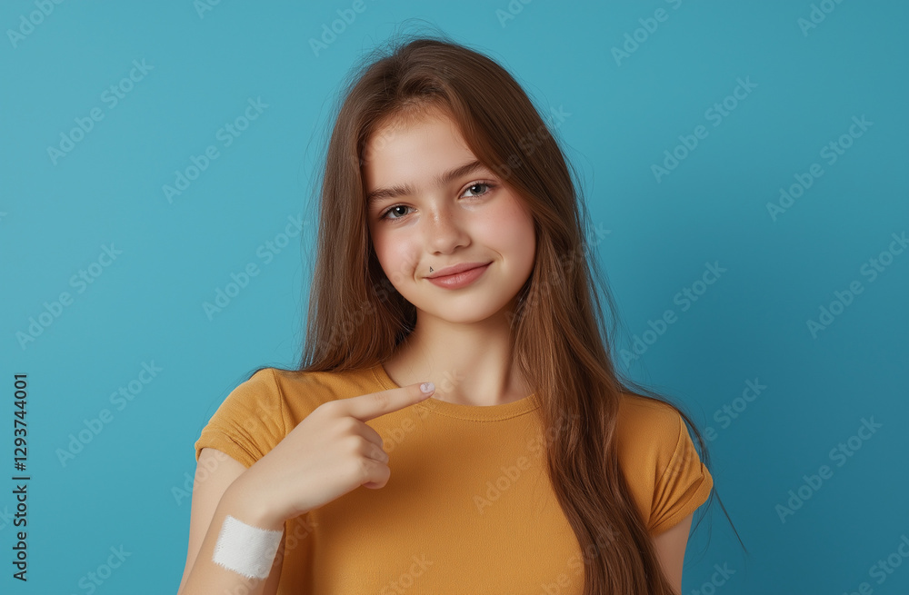 Obraz premium Portrait of a Smiling Young Girl with Long Brown Hair, White Tank Top, and Orange Patch on Her Arm, Set Against a Light Blue Background, Radiating Happiness and Confidence with bandage on arm