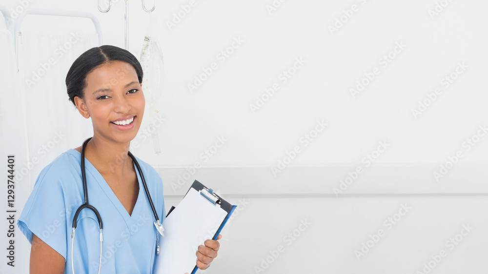 Smiling nurse holding clipboard in hospital, ready for patient care, copy space Smiling nurse holding clipboard in hospital, ready for patient care, copy space