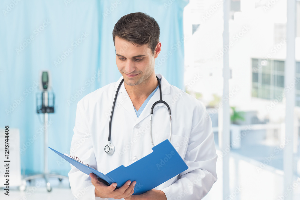 Doctor reviewing patient notes with clipboard in bright hospital office Doctor reviewing patient notes with clipboard in bright hospital office