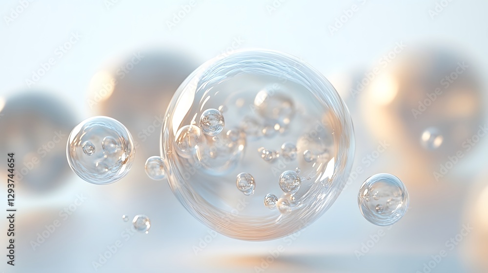 Fototapeta premium An Intriguing Close-Up of Luminescent Spheres with Gleaming Surfaces Floating on a Bright White Canvas