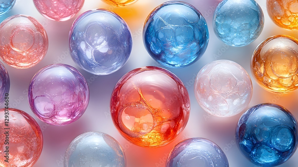 A Stunning Close-Up of Colorful Spheres Filled with Shimmering Essence Set Against a Pure White Background A Stunning Close-Up of Colorful Spheres Filled with Shimmering Essence Set Against a Pure White Background