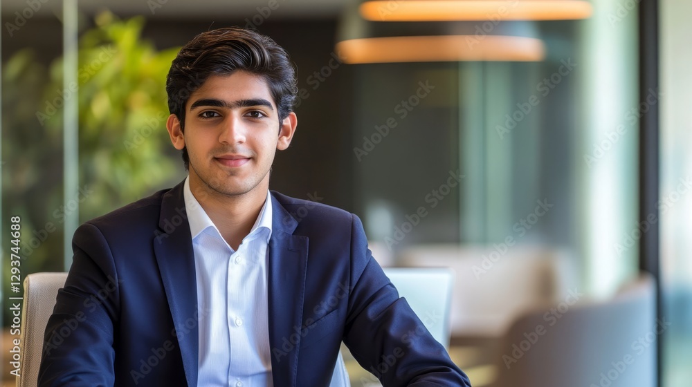 Fototapeta premium Confident young man in formal attire at a modern desk, embodying professionalism and ambition.
