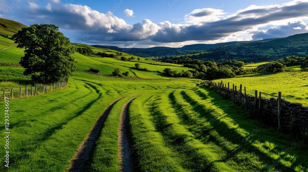 Naklejka premium Beautiful meadow bathed in soft golden sunlight, rolling green hills stretching into the distance, serene and peaceful atmosphere