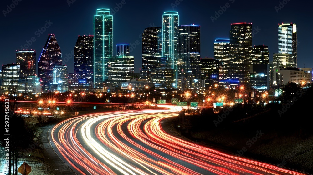 Fototapeta premium A captivating nighttime cityscape featuring a bustling highway illuminated by vibrant traffic lights and reflecting urban energy.