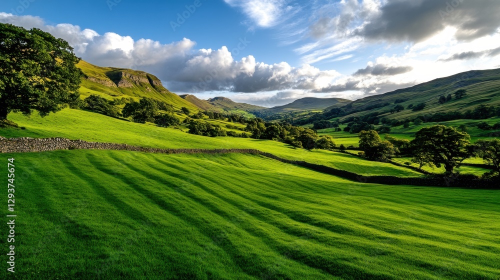 Fototapeta premium Beautiful meadow bathed in soft golden sunlight, rolling green hills stretching into the distance, serene and peaceful atmosphere