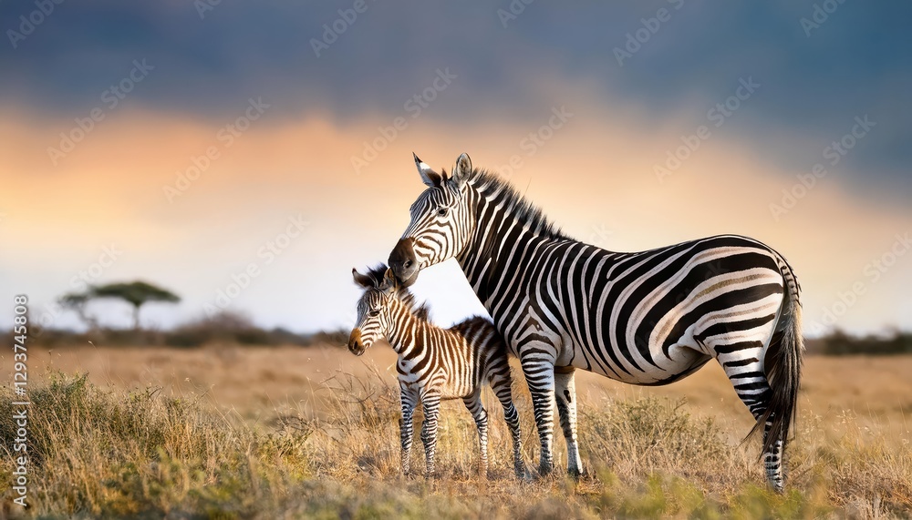Naklejka premium Intimate Moment A Mother Zebra and Her Baby Grazing Peacefully Amidst a Vibrant African Savannah, Sunlight Filtering Through the Majestic Acacia Trees.