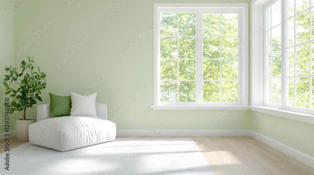 Fototapeta premium Serene living room, sunlight, green walls, plants. Home d?cor