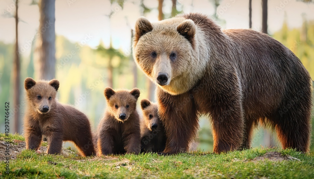 Majestic Mother Bear and Her Playful Cubs in a Serene Forest Glade at Twilight, showcasing Warmth, Love, and Harmony amidst Autumns Rich Palette. Majestic Mother Bear and Her Playful Cubs in a Serene Forest Glade at Twilight, showcasing Warmth, Love, and Harmony amidst Autumns Rich Palette.