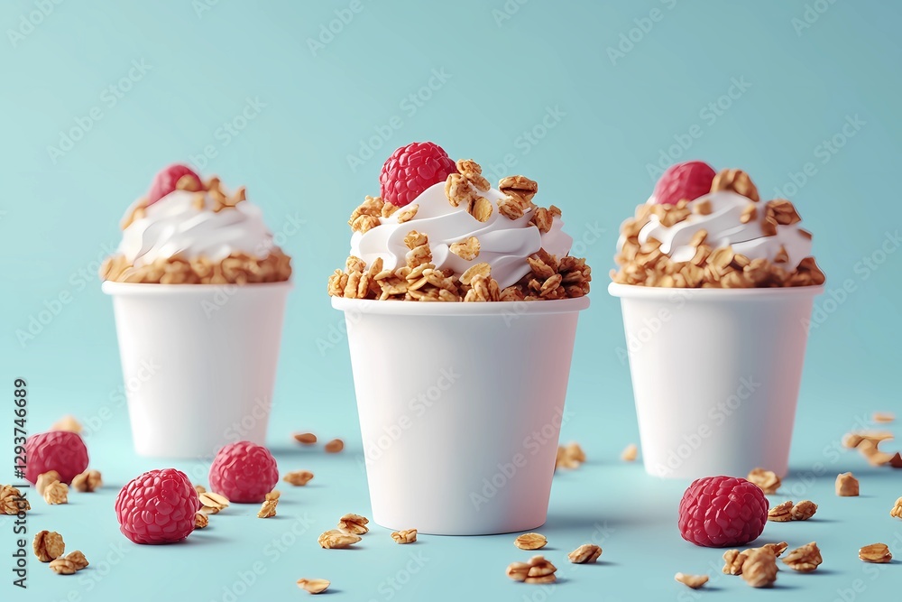 Creamy yogurt layered with crunchy granola and mixed fruits, presented in a rustic setting for a nutritious morning meal. Comic book style. Creamy yogurt layered with crunchy granola and mixed fruits, presented in a rustic setting for a nutritious morning meal. Comic book style.