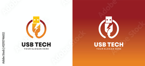 Cable usb plug logo design in circle with electricity icon. Universal serial bus vector cable