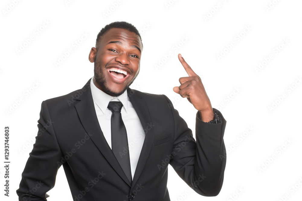 Youthful Black male consultant smiling pointing up isolated on transparent white background Youthful Black male consultant smiling pointing up isolated on transparent white background