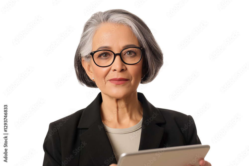 Middle-aged Latina CFO businesswoman holding tablet isolated on transparent white background Middle-aged Latina CFO businesswoman holding tablet isolated on transparent white background