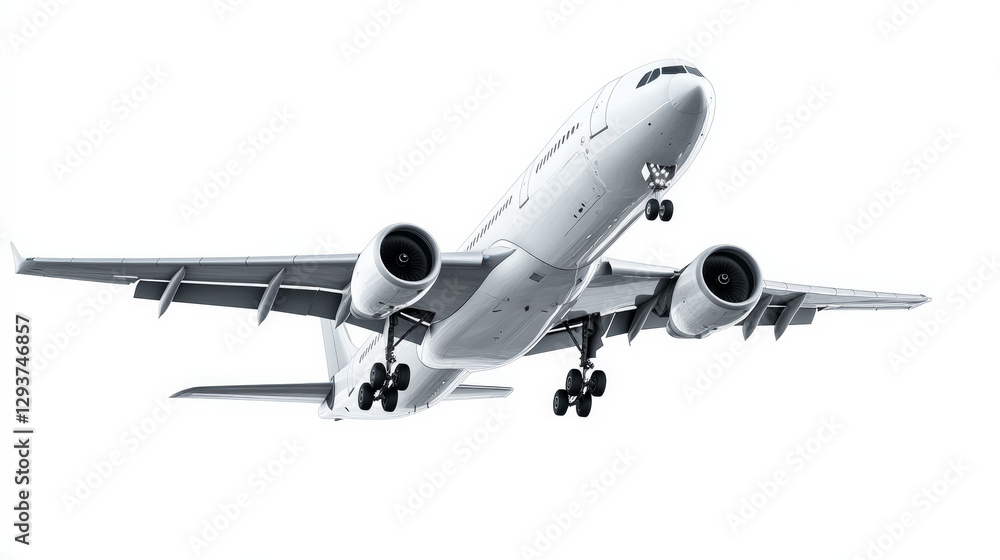 An aeroplane on a white background, isolated. An lone flying commercial aeroplane in a flight against a white background serves as a travel backdrop. An aeroplane on a white background, isolated. An lone flying commercial aeroplane in a flight against a white background serves as a travel backdrop.