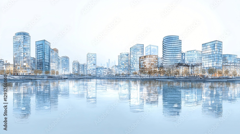 Naklejka premium Modern city skyline reflected in calm water