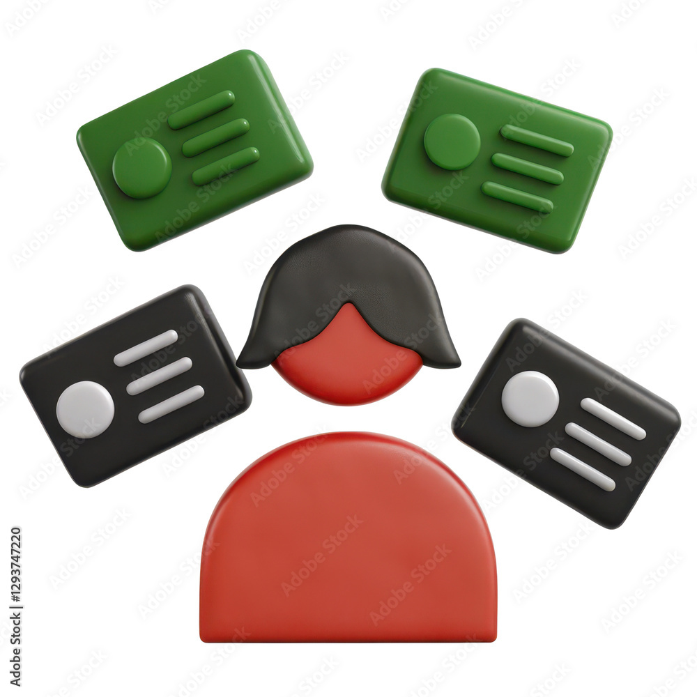 3D Business Debt Icons, Abstract shapes resembling a character with cards around it. isolated on a white background. 3D Business Debt Icons, Abstract shapes resembling a character with cards around it. isolated on a white background.