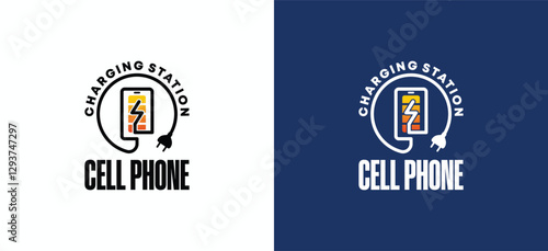 Mobile phone battery charging station logo design with line style cable symbol