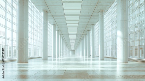 Modern building hallway  sunlight  glass walls  spacious interior  architecture design