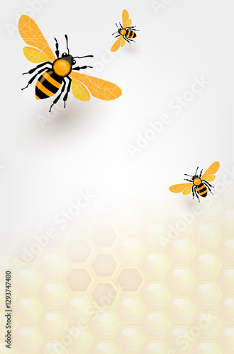 Three Buzzing Bees on Honeycomb Background