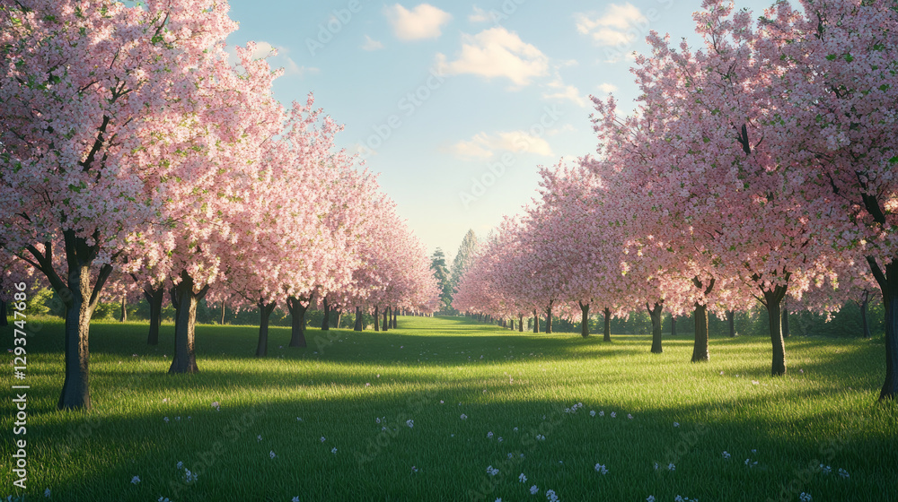 Naklejka premium Beautifully blooming huge cherry trees in an ornamental garden on a newly mowed lawn