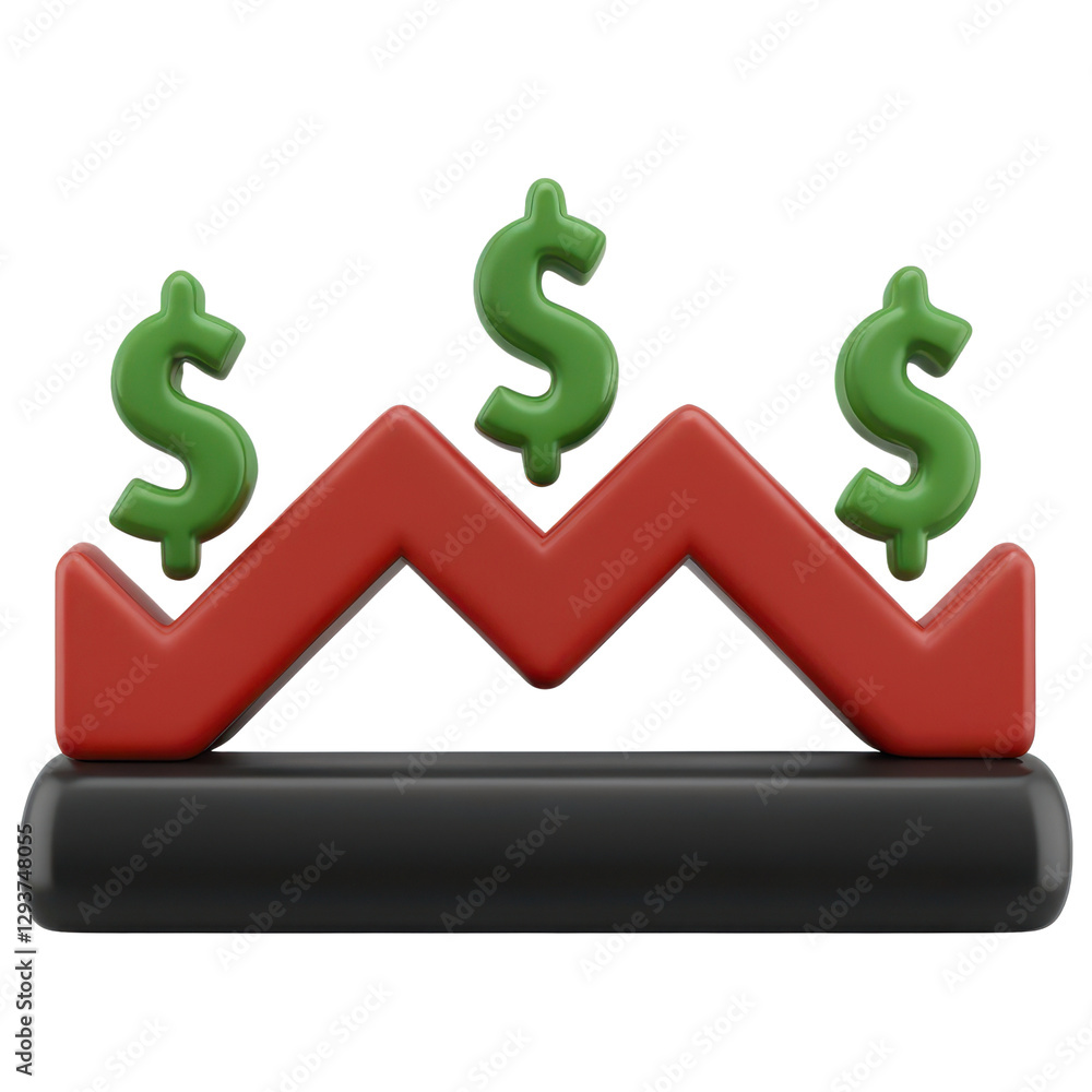 3D Business Debt Icons, Financial graph with dollar signs indicating fluctuation. isolated on a white background.