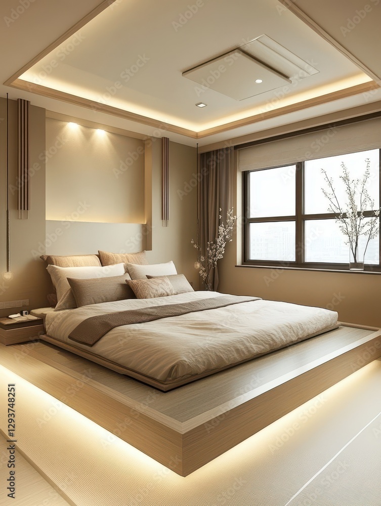 This picture showcases a modern bedroom design with subtle illumination This picture showcases a modern bedroom design with subtle illumination