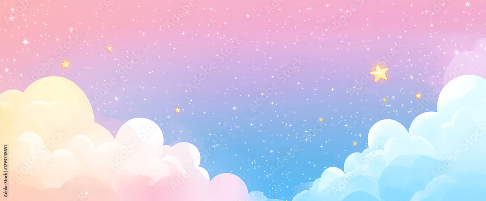 A pastel-colored sky filled with soft, fluffy clouds and sparkling stars, representing a dreamy, magical atmosphere with a serene and calm feeling perfect for fantasy backgrounds. A pastel-colored sky filled with soft, fluffy clouds and sparkling stars, representing a dreamy, magical atmosphere with a serene and calm feeling perfect for fantasy backgrounds.